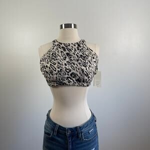 All In Motion •  High Neck Strappy Back Bikini Top Animal Print